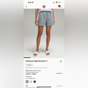 lululemon softstreme hight rise short 4inch